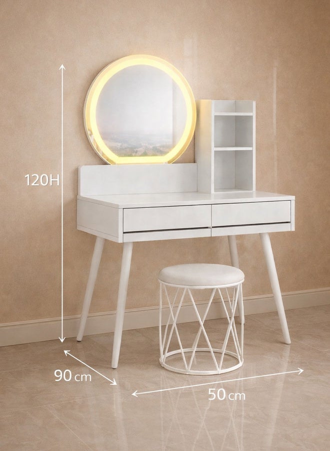 Harmony Homes Modern White Vanity Table with LED Round Mirror & Stool – 2 Drawer Dressing Table Set with Storage Shelf for Bedroom - Image 3